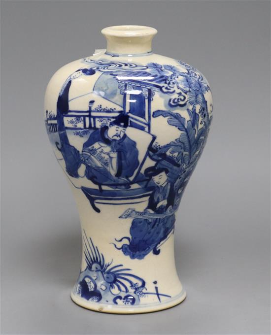 A Chinese softpaste porcelain blue and white Meiping, 18th/19th entury, wood stand Height 19.5cm